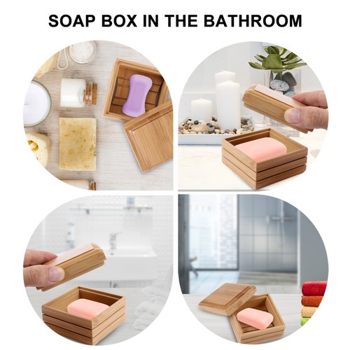 Sponge Tray Bar Soap Dish Sink Storage Holder Box Bamboo with Cover - Bild 2 von 12