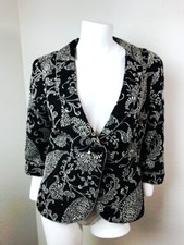 CABI W omen's 6 Top Black Gray Embroidered Blazer Jacket One Button 3/4 Sleeve
