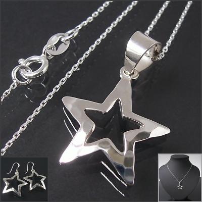 Kette 925 Silber Ankerkette Anhänger Stern gehämmert Ohrringe