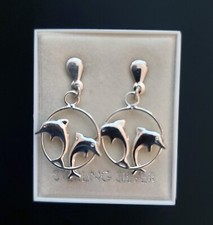 STERLING SILVER DOUBLE DOLPHIN DROP HOOP EARR...
