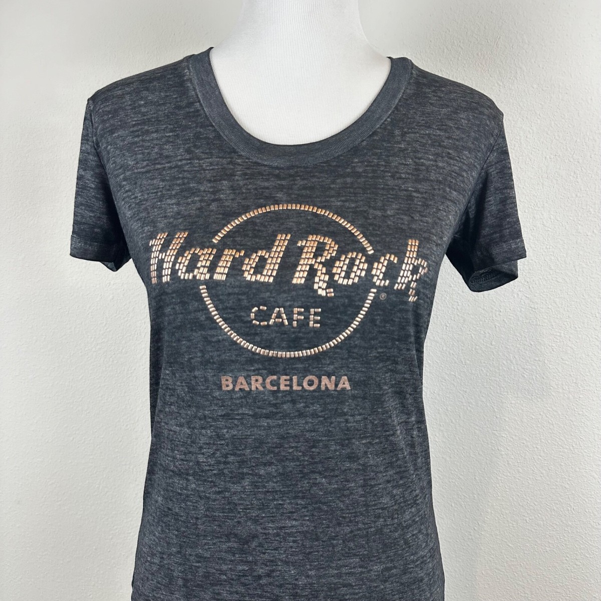 Hard Rock Cafe Barcelona Embellished, Black, Burn Out T Shirt Size Medium