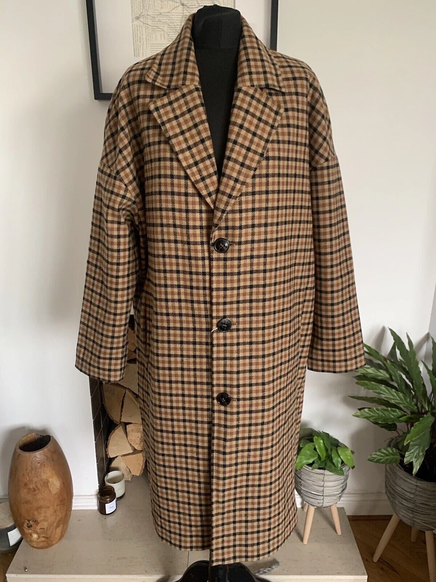 NEW Wool Mix ZARA MAN Brown Checked PLAID Long Coat Jacket Size M 