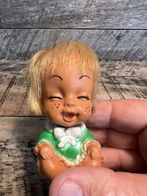 1960s Moody Cutie Doll Laughing Face Blond Hair Green Dress Made in Korea