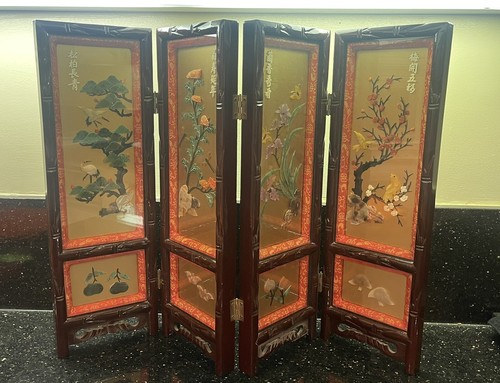 18"X24" ASIAN TABLETOP 4-PANEL SCREEN CARVED JADE STONE SIDE & PAINTED SIDE - Picture 3 of 10