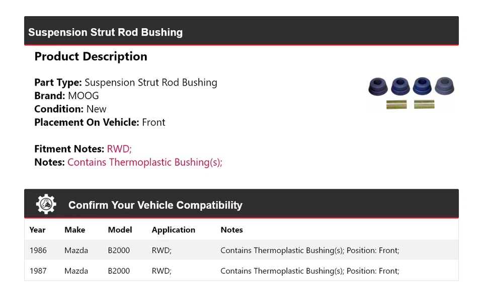 Buje delantero MOOG para Mazda B2000 1986-1987 tracción trasera suspensión puntal Foto 2 de 3
