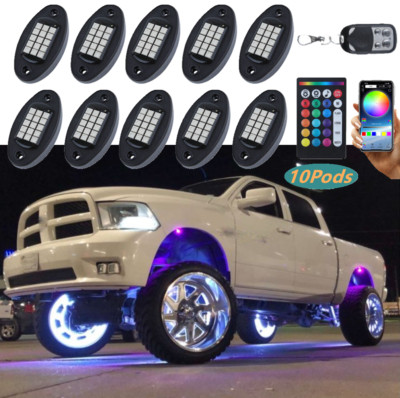 10 Pods RGB LED Rock Lights Neon Underglow Kit bluetooth App For Ram 1500 2500