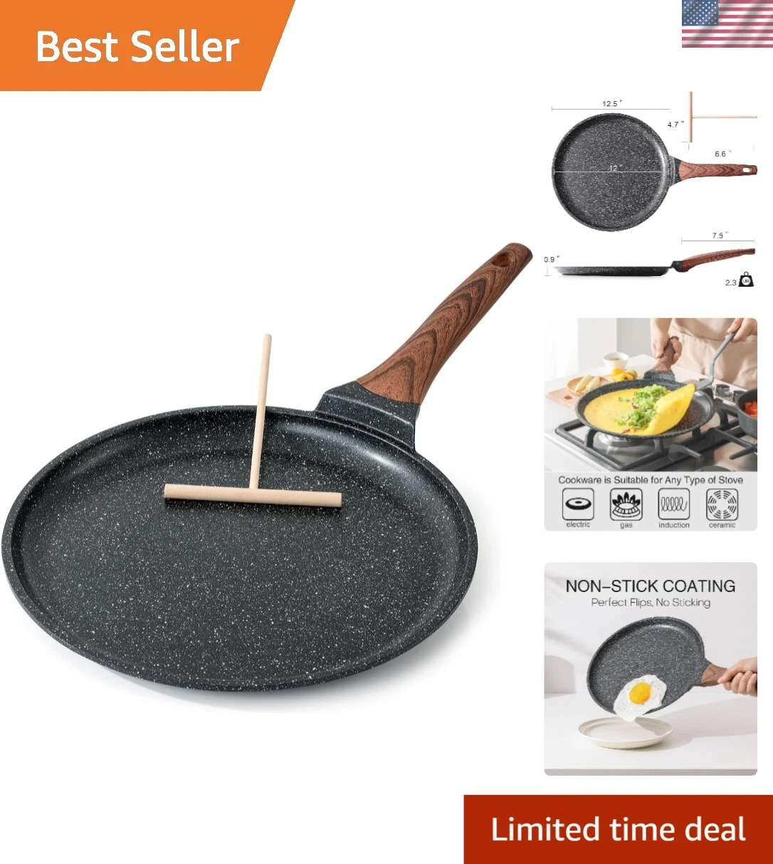 Crepe Pan Nonstick, 12 Inch Dosa Pan with Spreader, Granite Coating Comales P...