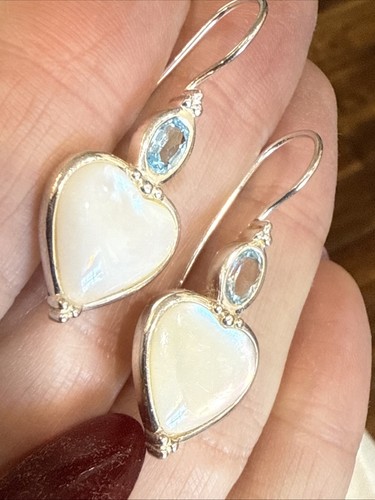 Sterling Silver Swiss Blue Topaz Mother of Pearl Heart Drop Earrings 7gr - Picture 3 of 7