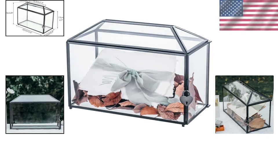 Elegante caja de colección de tarjetas de vidrio negro con bloqueo de corazón - perfecta para bodas Foto 2 de 4