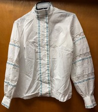 Vintage 70s Lady Manhattan Blouse 14 White Blue Embroidered Lace Pintuck Prairie