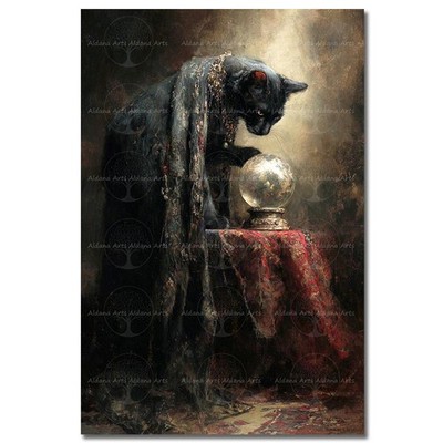 Black Cat Fortune Teller Art Print, Gothic Crystal Ball Scene Poster, Home Decor