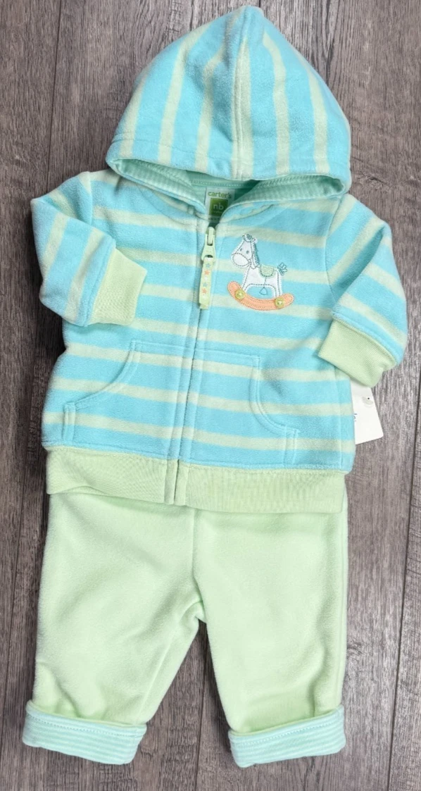 Baby Boy Clothes New Vintage Carter's Newborn 2pc Fleece Rocking Horse Outfit