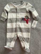Carters Newborn Gray/White Striped One Piece Sleeper With Footies, Snap Closure