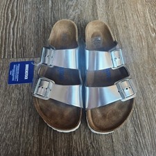 Birkenstock Arizona Metallic Silver Leather Double Strap Sandals EU 39 US 8.5
