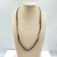 Vintage Retro Earthy Grey Stone & Wood Tube Bead Necklace Boho Tribal Style