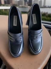 Steve Madden Y2K Marvel Penny Loafer 7 Black Leather Block Heel Chunky Square