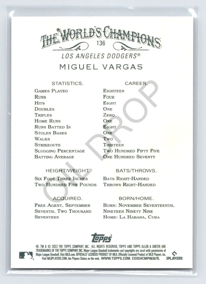 Miguel Vargas Dodgers 136 Rookie 2023 Topps Allen & Ginter - Image 2 of 2