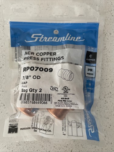 RP07009 Streamline ACR Copper Press Fittings 7/8โ OD CAP Press Qty 2