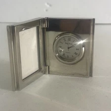 Bey Berk Quartz Desk Top Clock w/Hinged 2" x 1.5" Picture Frame Silvertone