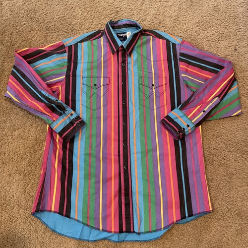 Wrangler Brushpopper Western Shirt Mens 17.5-35 VTG Pink Green Black Striped - Picture 2 of 11