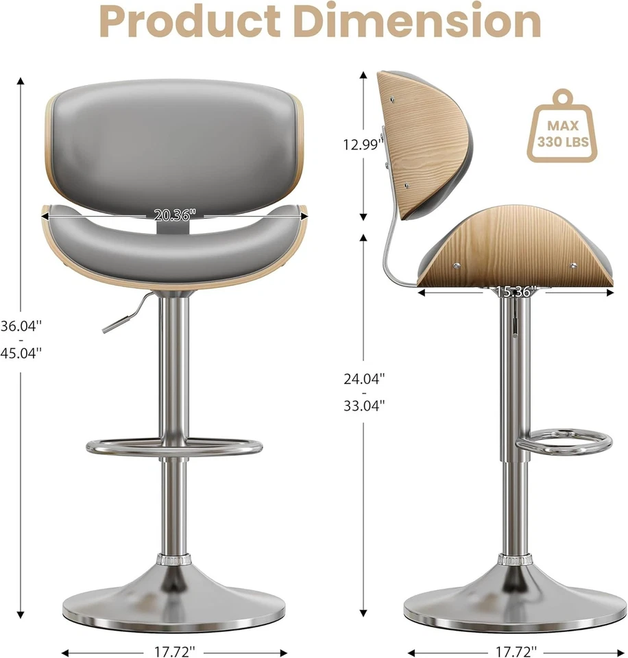 Pre-Owned Swivel Bar Stool, PU Leather with Back & Footrest, Gray 1PCS - Image 3 of 4