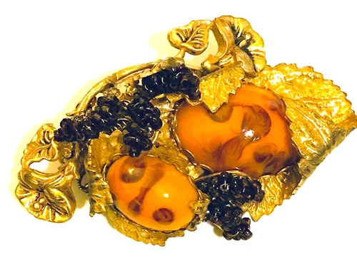 Miriam Haskell Large Vintage Orange Art Glass Brooch with Ornate Gold Tone Metal
