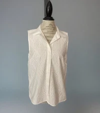 French Dressing Jeans NWT White Lined Eyelet Top Button Blouse MSRP $88