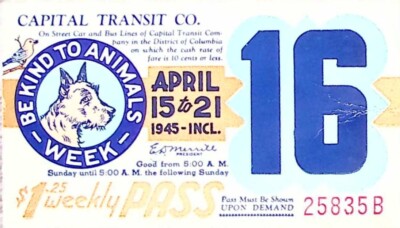 1945 Capital Transit Co. Wochenkarte   Be Kind to Animals Week   Washington, D.C.