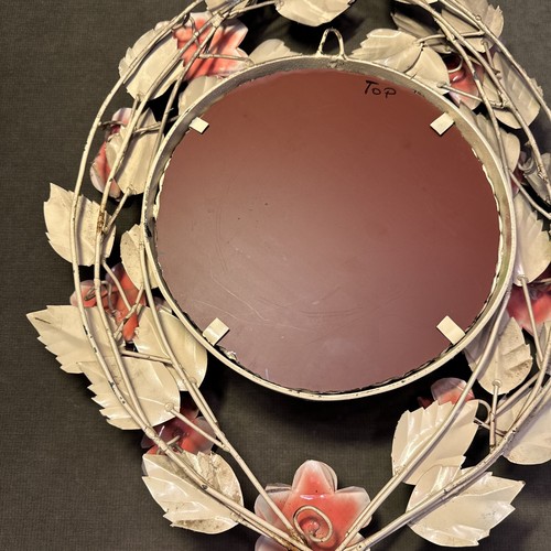 Vintage Italian Tole Metal Floral & Leaf Round Wall Mirror & Frame 27" x 17” - Picture 17 of 19