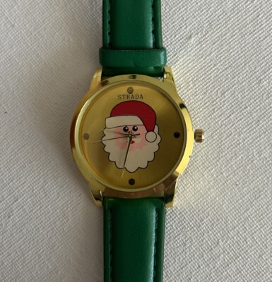 Strada Women s 9  Gold Tone Santa Claus Christmas Watch Green Band New Battery 