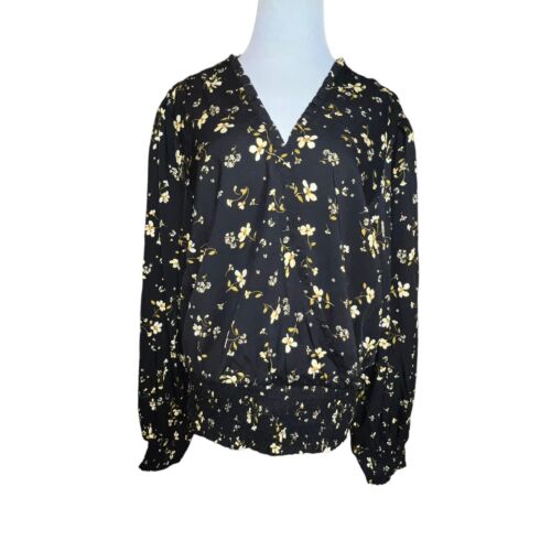 Lost + Wander Champagne Daisy Floral Long Sleeve Crop Top 1X Black Smocked NWT
