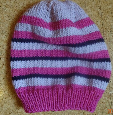 Mütze Kinder handgestrickt Merino Extrafine pink mit flieder Streifen