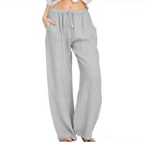 Womens Cotton Linen Wide Leg Pants Ladies Elasticated Waist Casual Trousers UK
