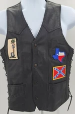 USA Bikers Dream Apparel Black Leather Vest with Harley/Various Patches Size 36