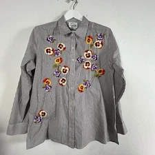 The Quacker Factory Striped Long Sleeve Floral Embroidered Shirt Large Art Wear