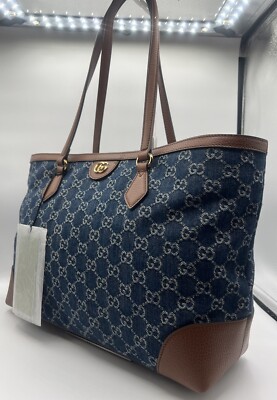NWT Gucci 631685 GG Denim Canvas OPHIDIA Shoulder Bag Tote