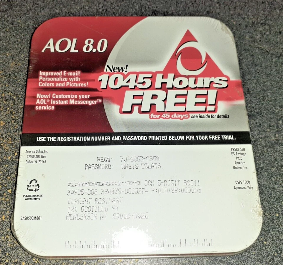 AOL America On Line 8.0 Install CD 1045 Hours Free - Factory Sealed Vintage Tin - Image 2 of 2