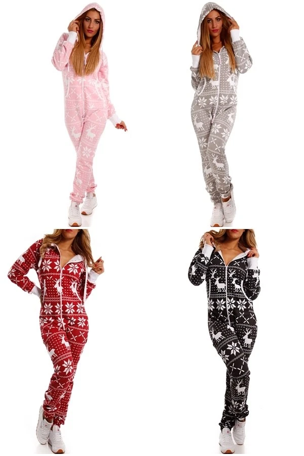 Damen Winter Jumpsuit mit Kapuze – Kuscheloverall Norwegermuster Einteiler - Bild 2 von 2