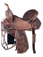 Leather Handmade Western Saddle Barrel Horse Racing Tooled Trail Tack Equestrian