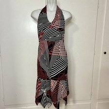 Vintage 90s Black Red Striped Geometric Abstract Pointy Hem Midi Halter Dress