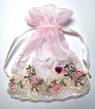 JEWELRY POUCH BAG WITH DRAWSTRING LACE CRYSTAL HEART LACE 5" x 5.5" OOAK