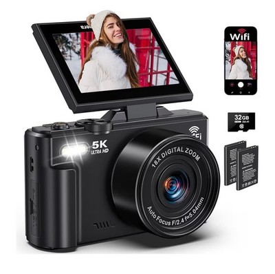 5K Ultra HD Compact Digital Camera 18x Zoom Wi-Fi Flip Screen Black