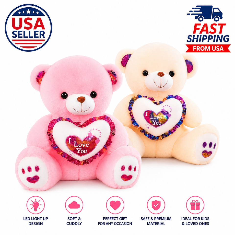 I LOVE YOU Light Up Teddy Bear PlushStuffed Animal Romantic Gift for Girls Boys