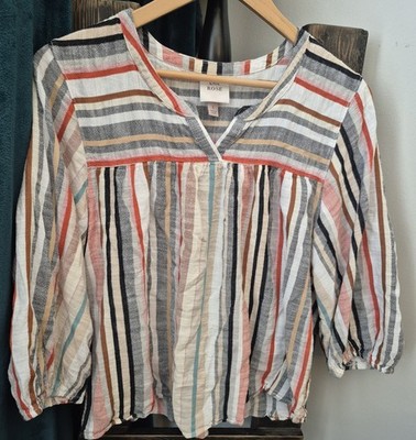 Knox Rose Large Boho Smock Babydoll Top Shirt Blouse Striped Rayon Cotton