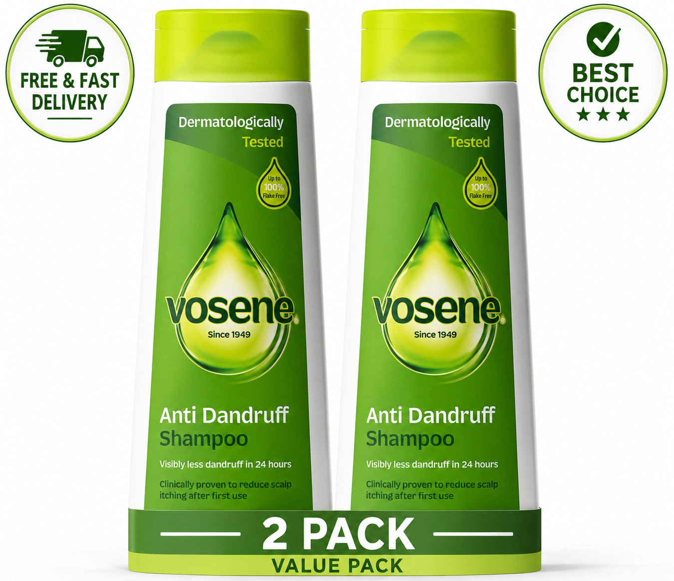 2x Vosene Original Anti-Dandruff Shampoo 300ml | Flake Free Daily Use Hair Care,
