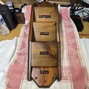 VTG 3 Tier Wood Wall Organizer Letter Mail Bill Keys Holder Wood Peg 23" Unique