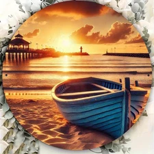 1pc 7.87x7.87 Inch Round Aluminum Metal Wall Art - Majestic Sunset Boat Scene W/
