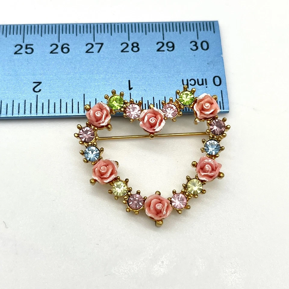 Broche Corazón Vintage Avon Rosa Estrás Tono Dorado Joyería Floral Foto 3 de 4