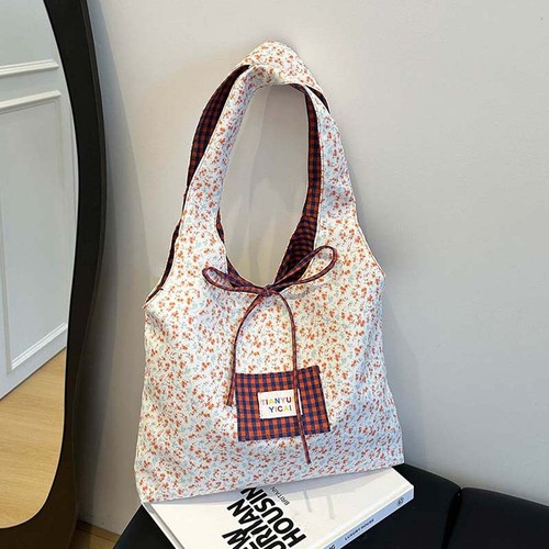 Lattice Plaid Cloth Vest Pouch Contrast Color Women Floral Handbag Shopping - Picture 16 of 16
