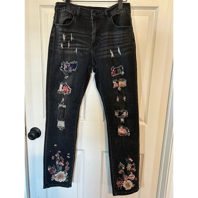 Boutique Distressed Floral Patchwork & Embroidered Skinny Jeans - Size M